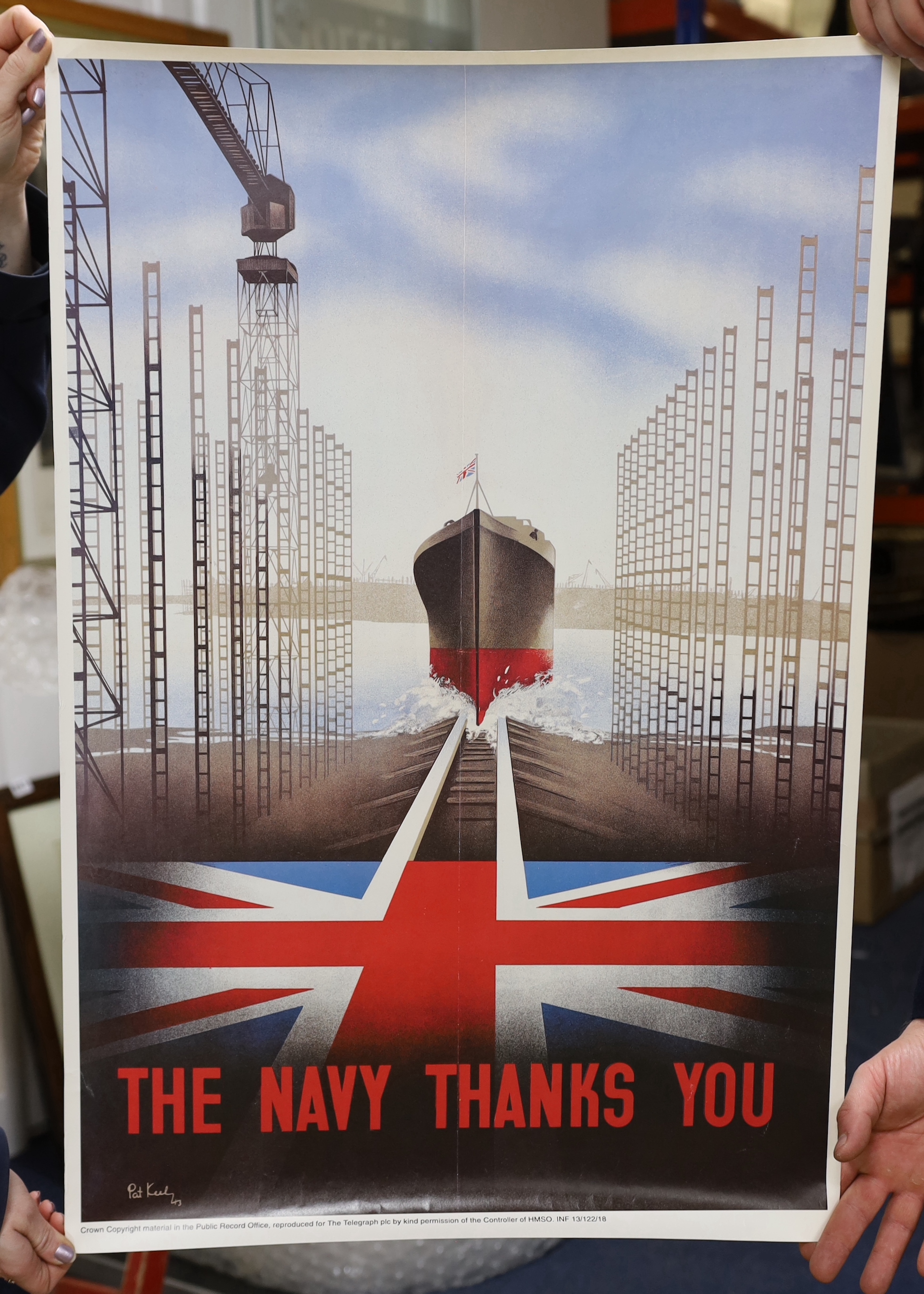 Seven facsimile re-print WWII propaganda posters and a poster of a spitfire, latter 42x 59cm